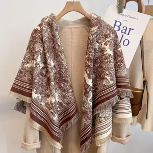 Women's Retro Polyester Toile De Jouy Scenery Print Square Shawl Scarf With Tassels Large Warm Wrap For Office Metro