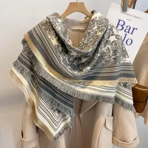 Elegant gray and beige vintage toile de jouy patterned fringe shawl square scarf