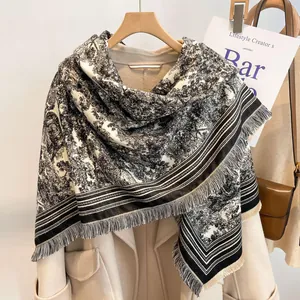 Large square shawl scarf with black and white landscape print for office and outdoor use