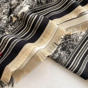 Elegant black and white floral striped scarf shawl with delicate fringe trim for office or travel