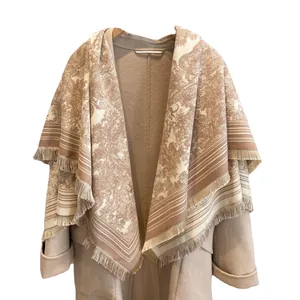 Large vintage Toile de Jouy print square shawl with elegant fringe for office warmth