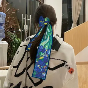 Elegant Van Gogh Irises oil painting narrow silk scarf used as a hair ribbon accessory
