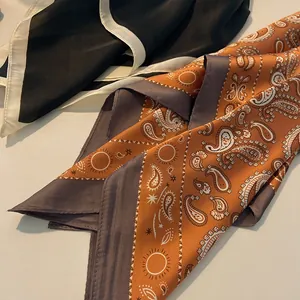 Elegant retro silk square scarf with paisley pattern and minimalist black and white border