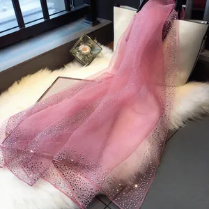 Foulard en Soie Perle d'Eau Douce Élégant Pour Femmes Châle Strass Étoilé Luxe Coréen Armatura Tela Couleur Unie Long