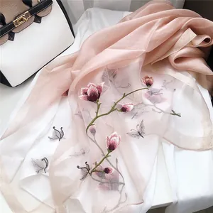 Close-up detail of an elegant pink silk scarf with floral and butterfly embroidery