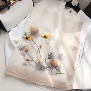 Detailed macro view of an elegant white silk scarf with floral and butterfly embroidery