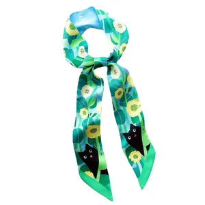 Écharpe longue en ruban avec fleurs et chat noir, accessoire frais pour cheveux.