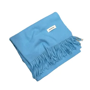 Premium soft warm light blue winter scarf with long fringe tassels for women in Korean style