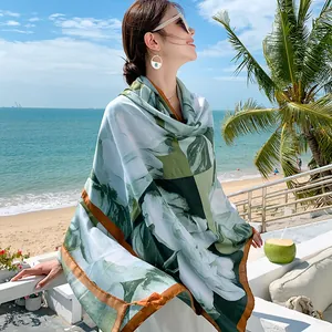 Bohemian green floral print lightweight sun protection scarf shawl for beach travel