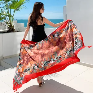 Ethnic style red pomegranate print chiffon shawl for beach travel and sun protection
