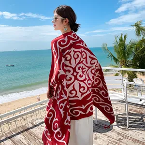 Ethnic style red sun protection shawl with white tribal pattern for beach vacation outfits
