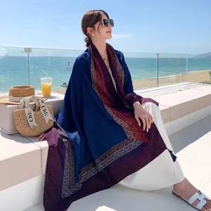 Navy blue bohemian ethnic print shawl for sun protection and beach vacation styling accessory