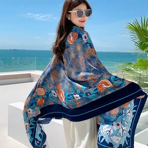 Elegant blue ethnic style shawl scarf with pomegranate pattern for beach sun protection
