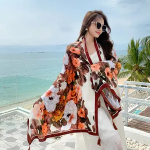 Elegant ethnic floral print lightweight sun protection scarf shawl for beach travel