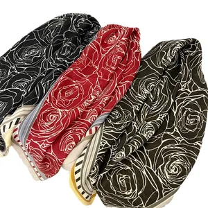 Elegant 90cm square scarves with white rose print in black, red, and brown colors