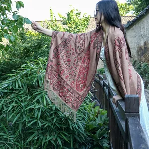 Detailed view of the thickened ethnic paisley shawl wrap with tassel fringe