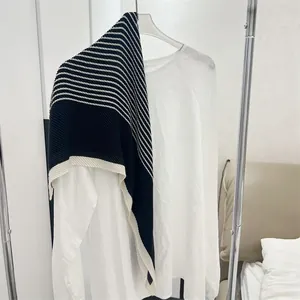Detailed view of a 90cm pleated cotton linen square scarf with elegant black and white stripes.