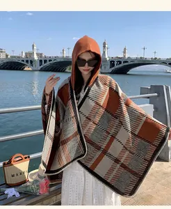 Retro style checkered hooded poncho shawl for women in autumn and winter settings