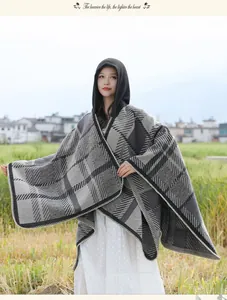 Stylish women's vintage plaid hooded poncho cape coat for autumn and winter outfits.