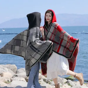 Retro plaid hooded poncho cape for women autumn winter outdoors lakeside scene