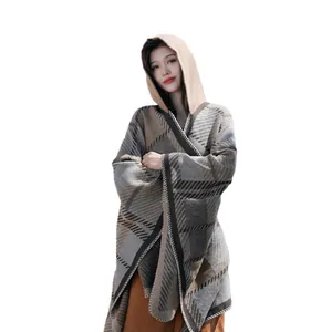 Elegant hooded plaid cloak shawl for women stylish retro winter knit oversized poncho