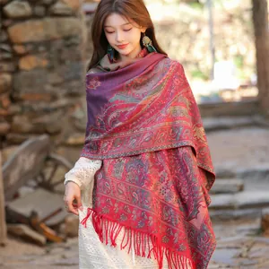 Elegant bohemian ethnic paisley pattern thick woven shawl scarf for women outdoor travel