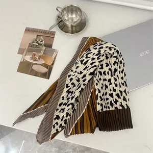 Detailed view of stylish pleated leopard print cotton linen square scarf for women
