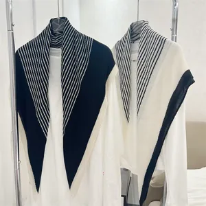 Elegant black and white pleated square scarf with artistic stripe patterns for women