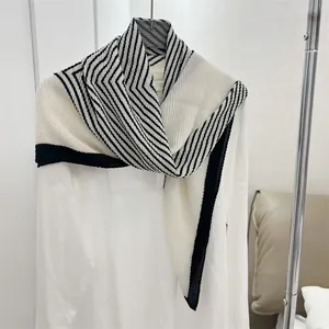 Elegant pleated cotton-linen 90cm square scarf with black and white stripes for women