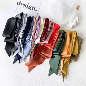 Multi-color solid satin ribbon scarves for bags or neckwear shown in a detailed layout.