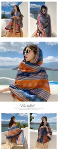 Elegant ethnic style cotton linen scarf shawl for women with geometric patterns