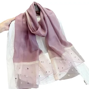 Elegant lavender faux silk scarf for women featuring decorative pearls and a sheer hem detail