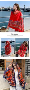 Ethnic style patterned cotton linen shawl scarf for women in scenic travel settings.