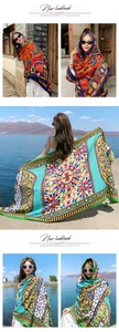 Detailed view of bohemian style cotton linen shawl with vibrant ethnic patterns on model