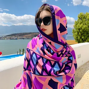 Vibrant ethnic geometric pattern large silk scarf shawl for women travel and beach vacation