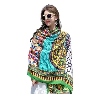 Bohemian ethnic style cotton linen shawl scarf featuring vibrant Dunhuang art patterns.