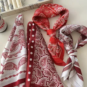 Women American Retro Red Paisley Satin Square Scarf French Style Printed Neck Scarf Belt Decorative Hair Scarf For Daily Wear