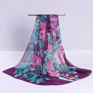 Elegant purple floral chiffon long scarf with vibrant peony prints and sheer texture
