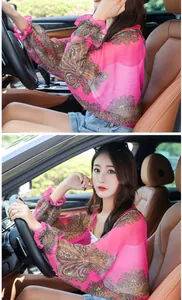 Elegant pink chiffon sun protection shawl with paisley floral print for summer driving