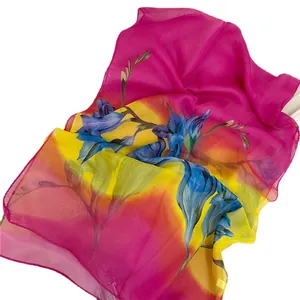 Elegant vibrant floral print chiffon long scarf for women featuring a colorful gradient design