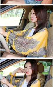 Stylish yellow chiffon sun protection shawl with vintage paisley print for summer driving