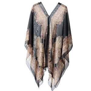 Elegant black sheer chiffon sun protection shawl with vintage paisley print and pearls