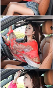 Red chiffon sun protection shawl with sleeves for driving and UV protection.