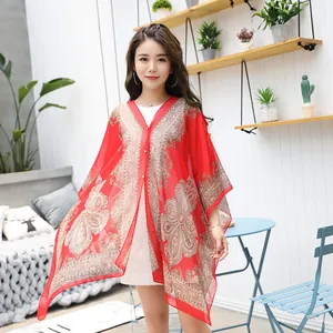 Elegant red paisley print chiffon sun protection shawl with pearl buttons for women's beachwear