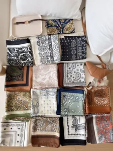 Variety of retro paisley silk square scarves in diverse colors and patterns