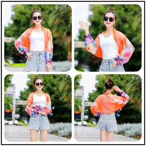 Floral chiffon sun protection shawl bolero for women in vibrant orange flower print
