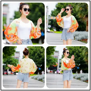 Floral chiffon sun protection shawl shown from multiple angles outdoors on a model.