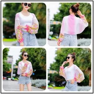 Multiple angles of women's floral print chiffon sun protection shawl for beach outings