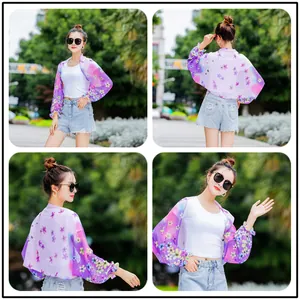 Multi-angle views of lightweight floral print chiffon sun protection shawl for women