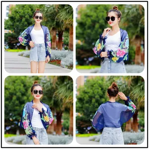 Four-way view of a sheer navy blue floral chiffon sun protection shrug for women